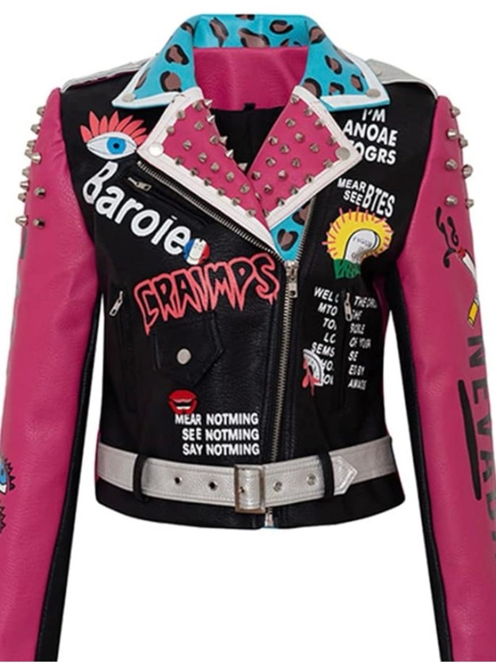 Street Punk Pleather Studded Black & Pink Graphic Biker Moto Jacket | Size XL